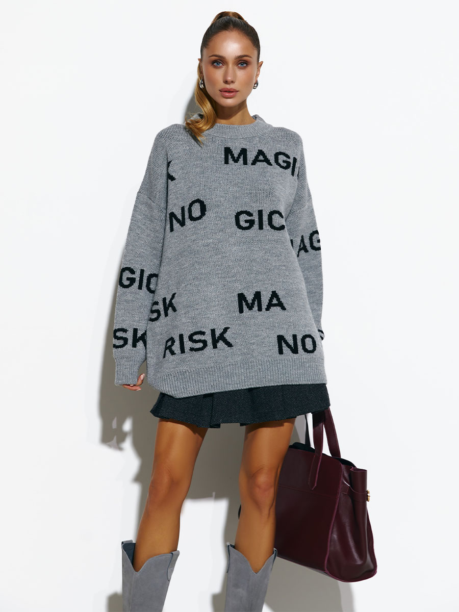 Sweter oversize z haftem NO RISK NO MAGIC w kolorze szarym 2