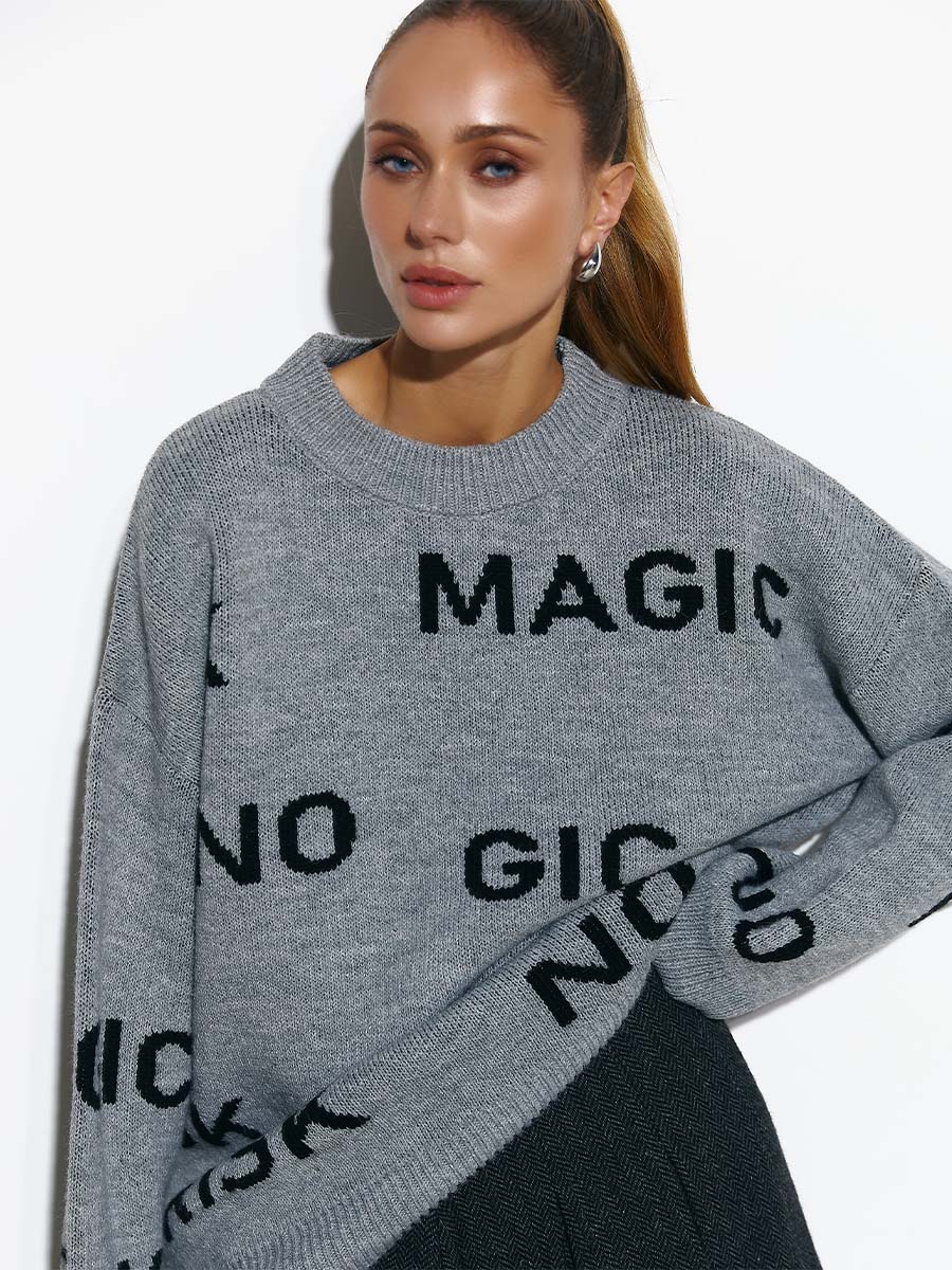 Sweter oversize z haftem NO RISK NO MAGIC w kolorze szarym 6